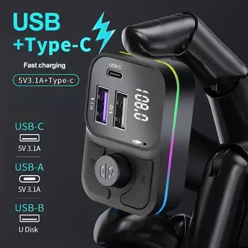 RGB Bluetooth 5.0 FM-передатчик Handsfree автомобильный радиомодулятор U-Disk Aux MP3-плеер с двумя USB Type C адаптером для быстрой зарядки