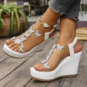 Rhinestone Butterfly Wedge Sandals for Women Transparent Pvc High Heel Platform Sandals Woman Summer Fashion Crystal Beach Shoes 35 чёрный