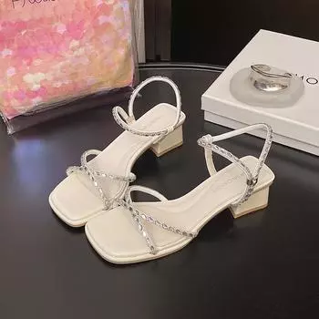 Rhinestone high-end temperament open-toed sandals summer new versatile thick heel square head high heels women 35