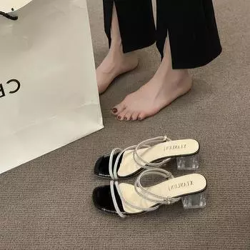 Rhinestone sandals girl summer 2025 new fairy wind crystal thick heel half tray outside wear temperament high heel sandals 35 зелёный