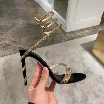 Rhinestone Serpentine Winding Belt Hollow Thin Heel Sandals Women s European and American Style Open Toe Ring High Heels 34