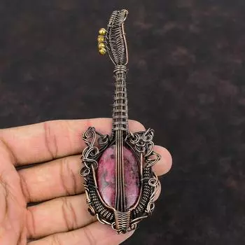 Rhodonite Copper Pendant Gemstone Wire Wrapped Pendant Guitar Pendant Copper Jewelry Handmade Wrapped Pendant Rhodonite Jewelry Gift For Him