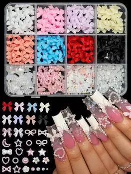 Ribbon Butterfly Nail Art Jewelry 12 Grid Set Pearl Love Resin DIY Nail Accessories
