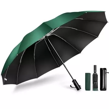 Ribs Reverse Folding Automatic Water For Both Sunny and Rainy UV UV Folding Rainy Season Typhoon Storage Pouch Included DeliToo [12 & Foldable] зелёный