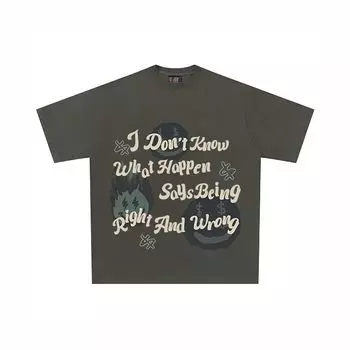 Right and Wrong American Retro Short Sleeve Print Fashion Letter Loose round Neck T-shirt Trendy Grey 2XL