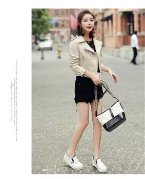Ring zipper lapel leather jacket 2024 Korean version of locomotive clothing women s short leather jacket slim small coat S чёрный