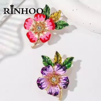 Rinhoo розовые фиолетовые эмалевые броши-цветы булавки для женщин модный зеленый лист горный хрусталь цветочный значок растение корсаж свадебные украшения