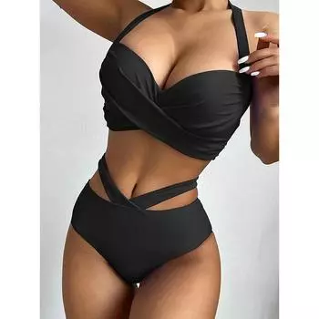 Riseado Push Up Бикини с высокой талией Купальники витой купальник женский новый однотонный бикини с лямкой купальный костюм с вырезами пляжная одежда S чёрный