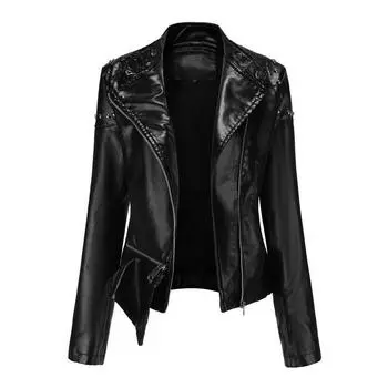 Rivet Fashion кожаная куртка с воротником-стойкой, женская однотонная куртка, женская весенне-осенняя куртка, женская кожаная куртка с заклепками S красный