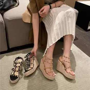 Rivet Sandalias De Mujer Open Toe Ankle Buckle Strap Ladies Platform Wedges Sandals High Heels Roman Rattan Grass Woven Shoes 34 бежевый