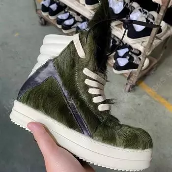Ro Classic Design Men Shoe Horse Hair Women Boots High Top Sneaker Army Green Horsehair Shoes Leather Sneakers Zipper Ankle Boot 34