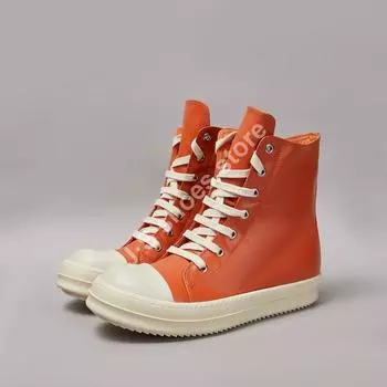 Ro Men Shoe Orange Leather Boots High Top Casual Shoes Cowhide Sneakers Lace Up Classic Zipper Women Sneaker Cowhide Ankle Boot 34