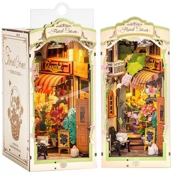 ROBOTIME DIY Book Nook Kit 3D Puzzle Миниатюрный домик Цветочный уголок Цветочный уголок Украшение интерьера со светодиодной подсветкой Комплект для самостоятельной сборки из дерева своими руками