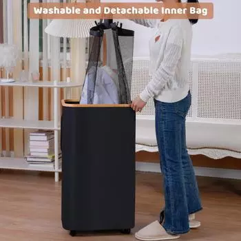 Rolling Laundry Basket Large Slim Folding Hamper On Wheels 110L Freestanding Narrow Corner Bin With Handle Dirty Clothes Storage One Size чёрный