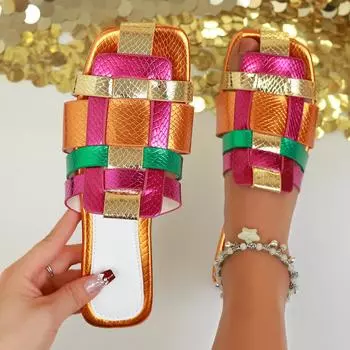 Roman pig cage cool slippers women s 2025 summer new fashion outer wear flat bottom woven hollow bag head half slippers women 43 разноцветный