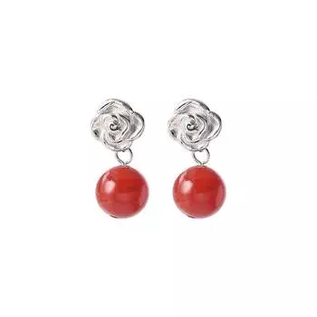 Rose Earrings Retro Chinese Style Agate Earrings, Natal Year Acacia Red Bean Studs, Antique Hanfu Accessories copper (with ear plugs)