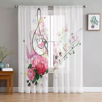 Rose Flowers And Splashes Sheer Curtains for Living Room Transparent Tulle Window Curtain Bedroom Kitchen Home Decor Veil Drapes 135W x 114H(cm)