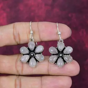 Rose Quartz Gemstone 925 Sterling Silver Handmade Wonderful Jewelry Earrings, Gift for Introverted 1.77 Inches