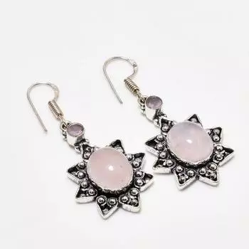Серьги с розовым кварцем и розовым халцедоном, посеребренные 925 пробы, 1,89 дюйма