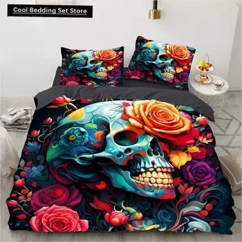 Rose Skull Flower Bedding Set Cartoon Comforter Sets Double Queen King Twin Full Size Duvet Cover Set Kids Girls White Bed Linen EU single(135x200cm)