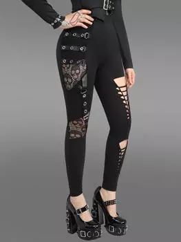 Узкие брюки Rosegal Gothic Skulls Mesh PU с пряжкой и вырезом XL чёрный