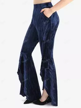 Rosegal Plus Size Glitter Ruffles High Low Асимметричные бархатные брюки-клеш с карманами L синий/глубокий
