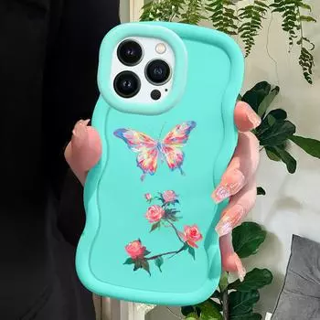 Roses Butterfly Soft Phone Cover for iPhone 11 12 13 14 15 Pro Max 6 6S 7 8 Plus Xs Wave Edge Shockproof Protective Rubber Case iPhone 14 Pro Max розовый