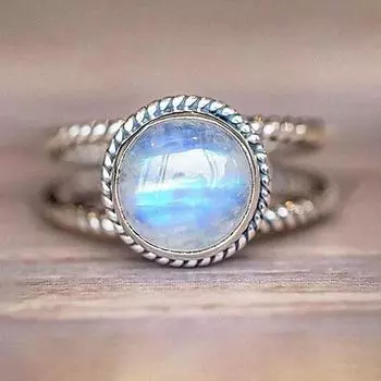 Роскошное модное кольцо с двойным слоем лунного камня, старинное серебряное женское кольцо в стиле ретро No. 5