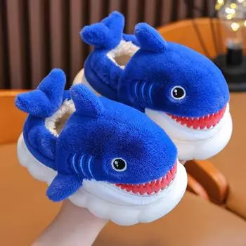 Роскошные и милые хлопковые тапочки с рисунком акулы, теплые и яростные тапочки, утолщенные нескользящие плюшевые тапочки с повязкой на голову и каблуком 36-37 светло-синий