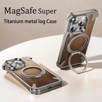 Роскошный безрамный металлический бампер для iPhone 16 15 14 Pro Max с подставкой и поворотом на 360°, магнитный чехол Magsafe из закаленного алюминия For iPhone 14 Pro Max
