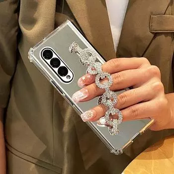 Роскошный браслет со стразами, чехол для телефона Samsung Galaxy Z Fold 4 3 5g, зеркало для макияжа, мягкая противоударная рамка из ТПУ, чехол Zfold 4 For Samsung Z Fold 3 золотой