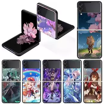 Роскошный чехол для Samsung Galaxy Z Flip 4 3 5G, черный ПК, жесткие чехлы для телефонов, модная задняя крышка ZFlip Funda Game Genshin Impact Shell Samsung Z Flip 5G