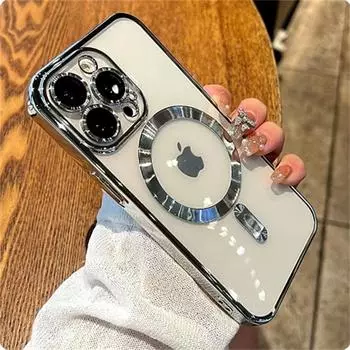 Роскошный чехол для телефона Magsafe с беспроводной зарядкой для iPhone 15 14 13 12 11 Pro Max Plus, прозрачный магнитный гальванический чехол-бампер iPhone 15 Pro Max чёрный