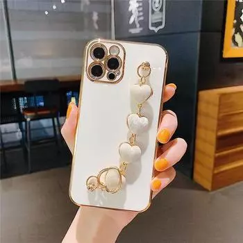 Роскошный чехол для телефона с браслетом Love Heart для iPhone 15 14 13 12 11 Pro Max X XR XS 7 8 Plus 12, мини-цветной чехол с цепочкой на запястье For 11 Pro Max