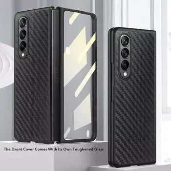 Роскошный чехол из углеродного волокна премиум-класса для Samsung Galaxy Z Fold 3 4 5g Fold4 Fold3 с защитной пленкой на передний экран, деловой чехол For Samsung Z Fold 4 чёрный