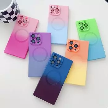Роскошный чехол Magsafe Gradient TPU Multicolour Shockproof Square Case для iPhone 16 Plus 15 13 14 12 Pro Max 11 Wireless Charger с крышкой объектива Flim iPhone 16 горячий розовый