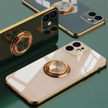 Роскошный металлический чехол-подставка с кольцом-держателем для iPhone 16 15 14 Plus 13 12 11 Pro Max XR X XS 7 8 SE Мягкая силиконовая задняя крышка For iPhone 16 белый