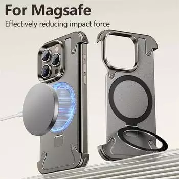 Роскошный металлический угловой чехол без рамки для iPhone 16 15 14 13 Pro Max PC задняя панель Magsafe магнитный держатель кольца кожаный чехол For iPhone 16 Pro Max