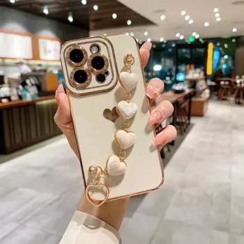 Роскошный мягкий чехол с браслетом в форме сердца для iPhone 11 12 13 14 Pro Max XS X XR 7 8 Plus SE с ворсистым бампером, задняя крышка For iPhone SE 2020
