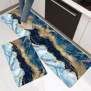 Роскошный синий золотой мраморный кухонный коврик, мягкий утолщенный кухонный коврик, водонепроницаемый нескользящий маслостойкий напольный коврик, коврик для бега 40x60cm/15.7x23.6 Inches