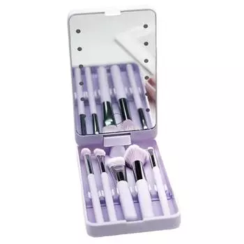 Rotatable Mirror Travel Makeup Brush with Light Adjustable Brightness with 5pcs Brush LED Makeup Mirror Brush Set Foldable