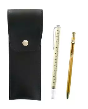 Round Button Black Pencil Case with Slide Measuring Stick and Slim 60 Gold Ballpoint Pen Set Two-Pack Japanese-Made (BRSB-708W-SV60KBP-2)