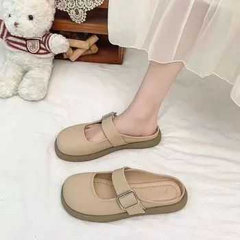 Round head belt buckle cool tray women s new high-end soft bottom bag head half slippers summer solid color flat bottom slippers 35