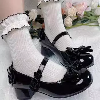 Round head bow ballet versatile skirt Mary Jane single shoes low high heels small leather shoes princess 35 чёрный
