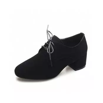 Round head deep mouth single shoes women s spring new lace-up thick heel women s shoes black work shoes women s sheepskin leather shoes 34