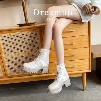 Round head fly-woven Martin boots inner height increase winter Korean version thick-soled thick heel lace-up small short boots temperament women s 33 чёрный