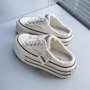 Round head heelless board shoes women s summer wear new half-bag head canvas shoes black rubber slippers 35