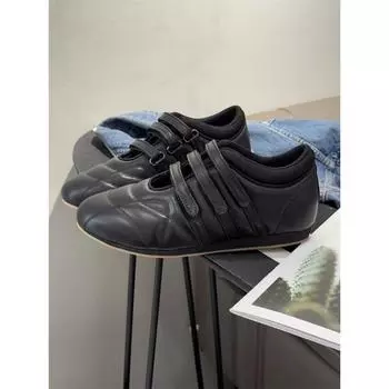 Round head hollow Velcro niche sports casual shoes women s leather Mary Jane versatile single shoes 35