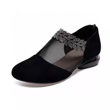 Round head mesh single shoes women s spring and summer new rhinestone leaf mesh shoes breathable flat shoes rear zipper women s ankle shoes 34