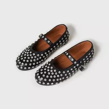 Round head one-word buckle with rhinestone rivets Mary Jane single shoes women s flat comfortable ballet dancing shoes 35